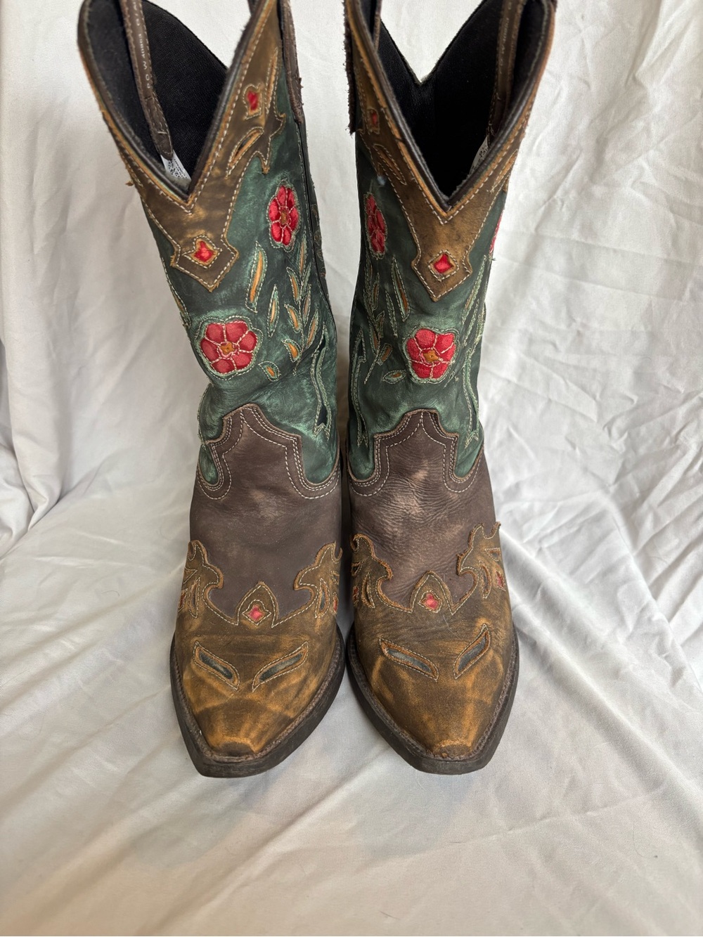 Justin Boots Brown and Green Floral Embroidered Heeled Cowboy Boots - Picture 2 of 3
